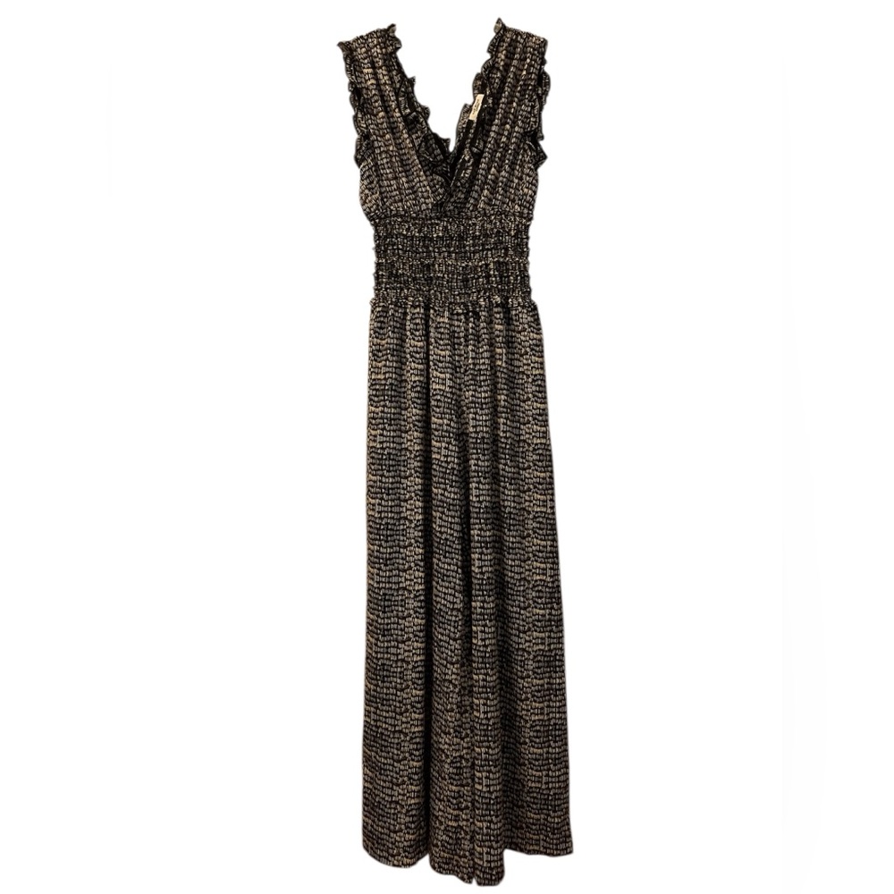 MAX STUDIO LONDON Chic Black/Tan Print Smocked Waist Wide Leg Palazzo Jumpsuit M